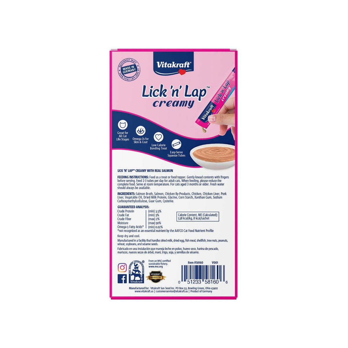 Vitakraft Lick 'n' Lap Snack Wet Cat Treats Real Salmon 1ea/2.1oz., 4 pk