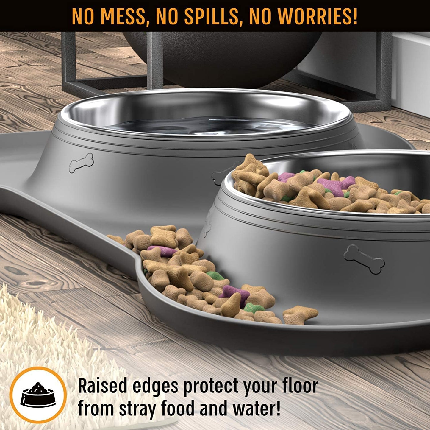 Dog Bowl Set, Stainless Steel No Spill Mess-Proof Food & Water Food Bowls with Skid Resistant Silicone Mat, Dog Bowls Small Size Dog, Medium, & Large, Pet Puppy Bowls & Dishes