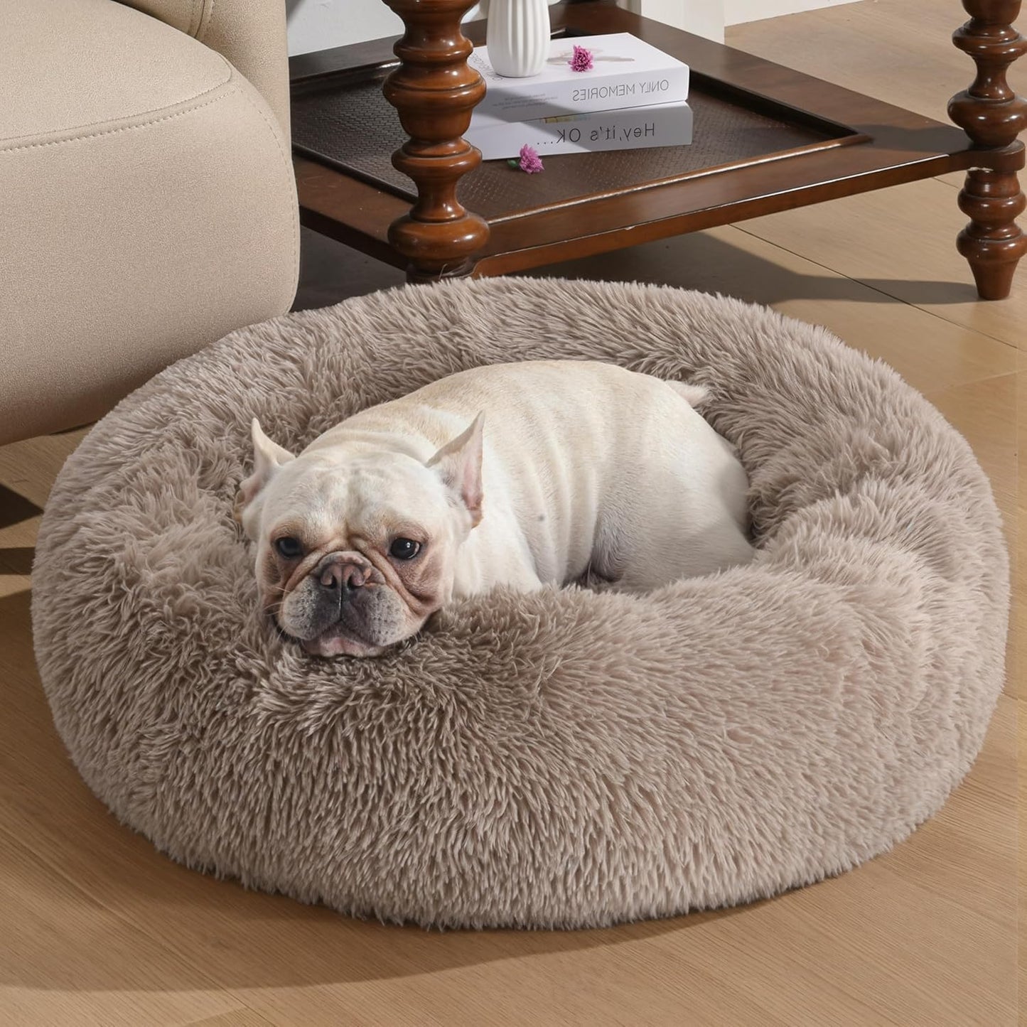 Calming Dog & Cat Bed, Anti-Anxiety Donut Cuddler Warming Cozy Soft round Bed, Fluffy Faux Fur Plush Cushion Bed for Small Medium Dogs and Cats (20"/24"/27"/30")