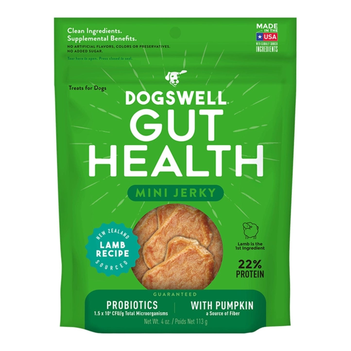 Dogswell Dog Gut Health Mini Jerky Grain Free Lamb 4oz.