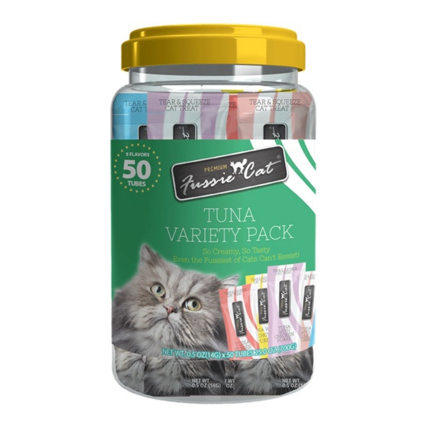 Fussie Cat Puree .5oz. Tuna Variety Pack 50Ct Green Jar