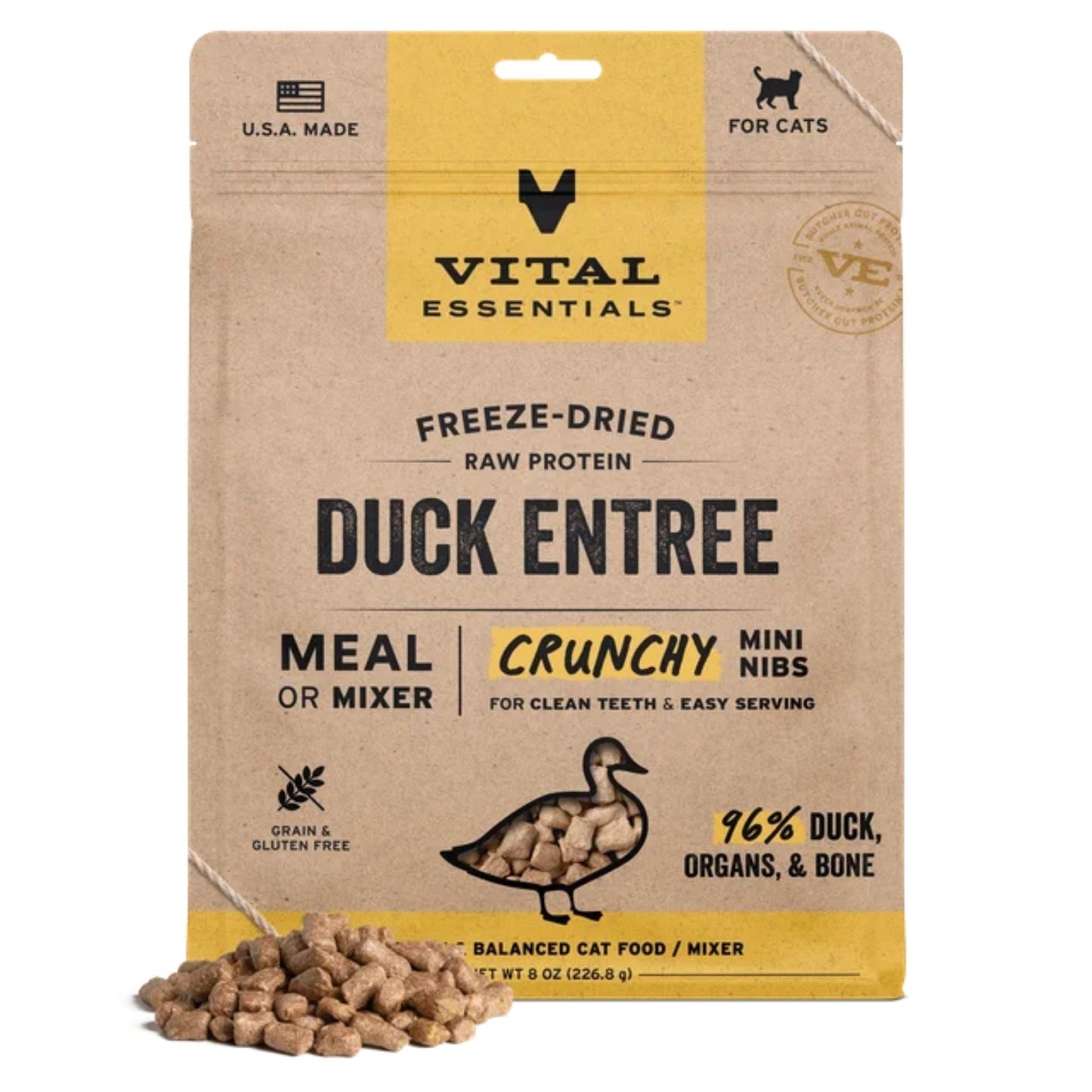 Vital Essentials Cat Freeze-Dried Raw Grain Free Duck Entree Mini Nibs 8oz.