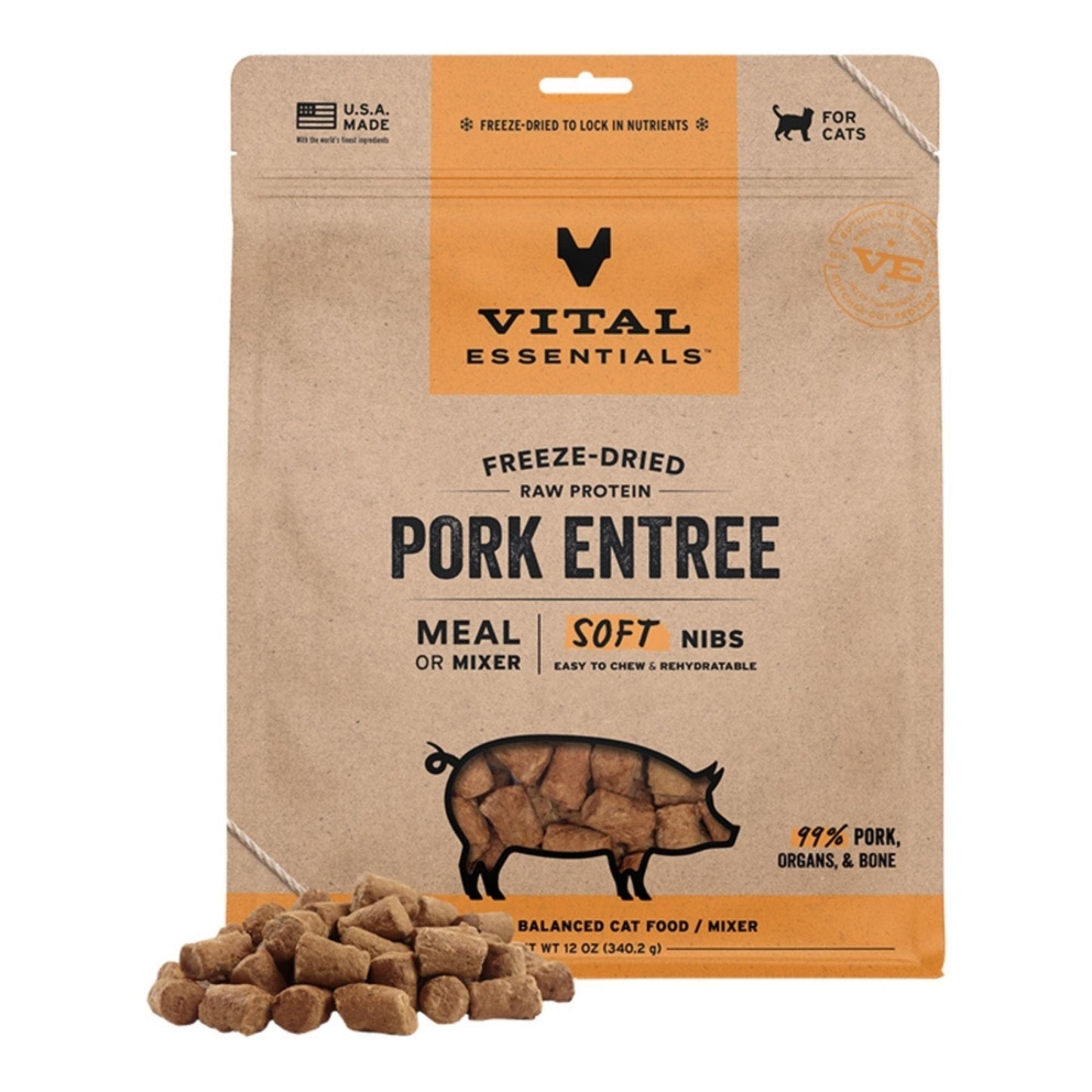 Vital Essentials Cat Freeze-Dried Raw Grain Free Pork Entree & Mixer Soft Nibs 12oz.