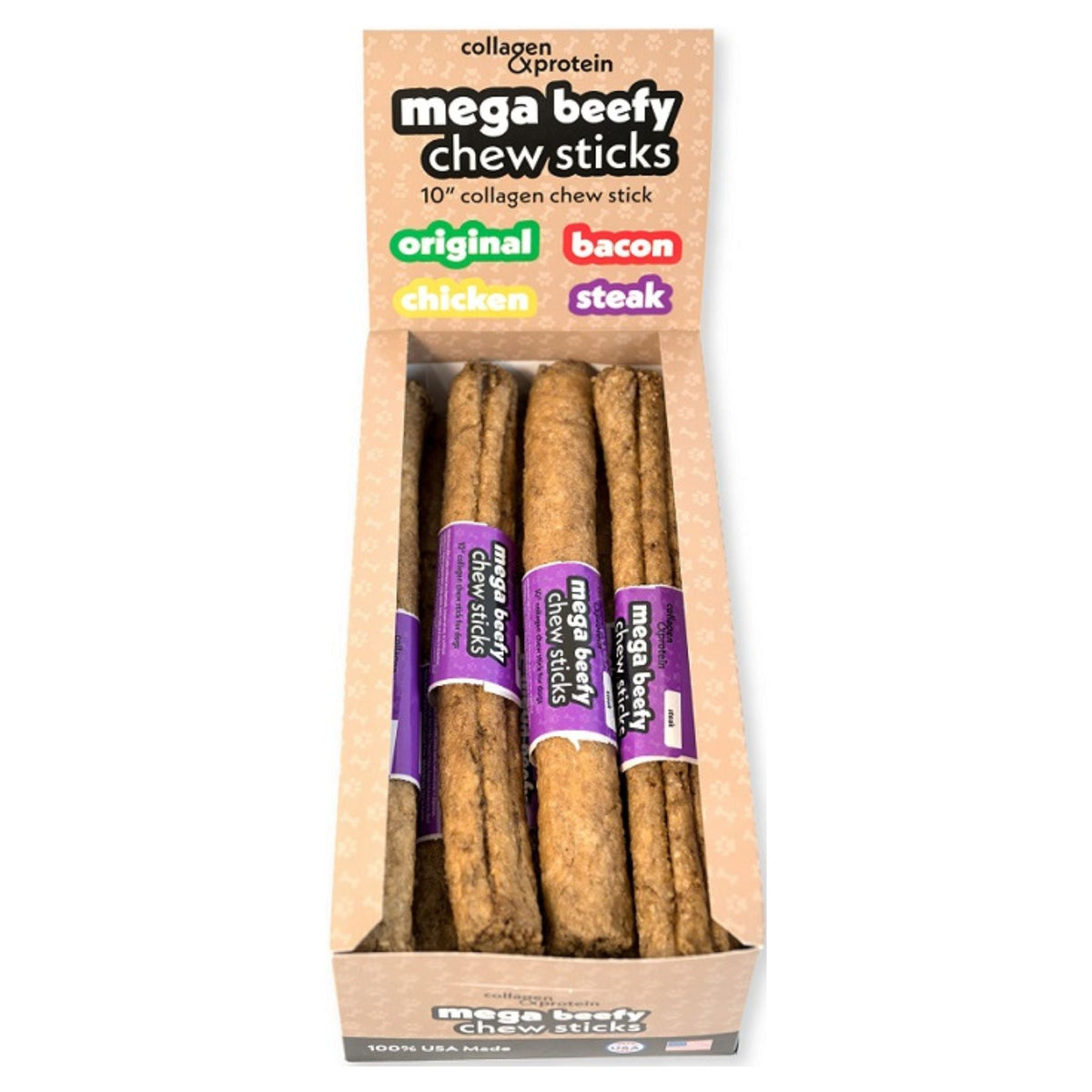 Frankly Dog 10" Collagen Steak Mega Beefy Chew Sticks 12Ct Display Box