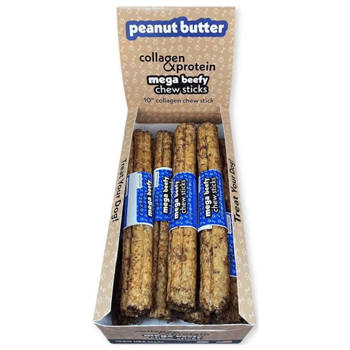 Frankly Dog 10" Peanut Butter Collagen Mega Beefy Chew Sticks 12Ct Display Box