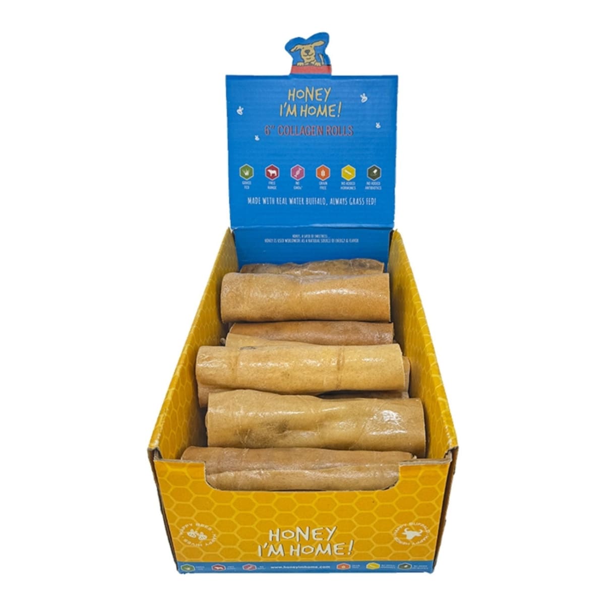 Honey I'm Home Dog Natural Honey Coated Buffalo Collagen Rolls 6 Inches - 16 Count