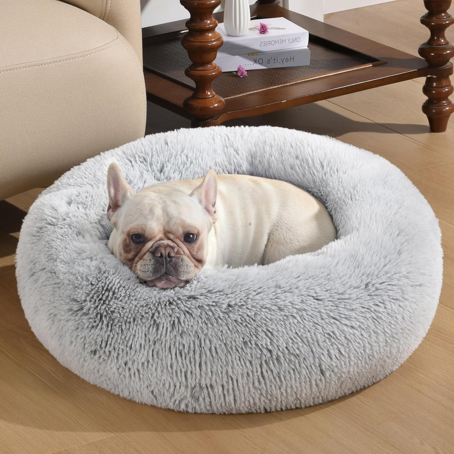 Calming Dog & Cat Bed, Anti-Anxiety Donut Cuddler Warming Cozy Soft round Bed, Fluffy Faux Fur Plush Cushion Bed for Small Medium Dogs and Cats (20"/24"/27"/30")
