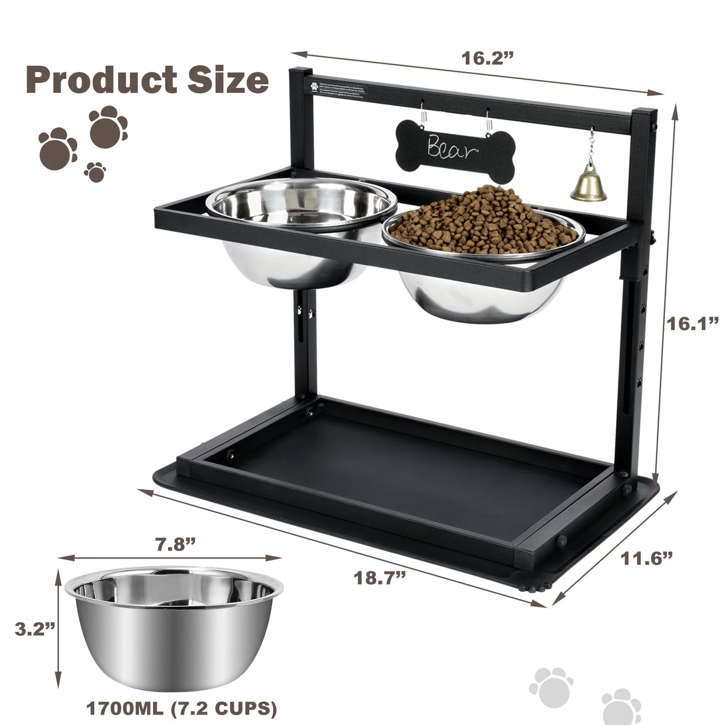 Elevated Slow Feeder Dog Bowls, Height Adjustable with 2 Stainless Steel 1.7L Dog Food Bowls for Small Medium Large Dogs