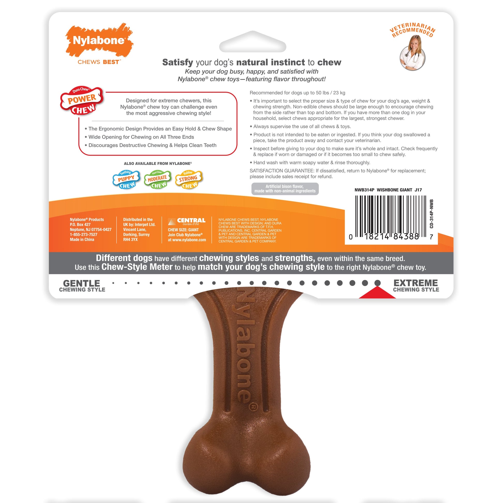 Nylabone Ergonomic Hold & Chew Wishbone Power Chew Durable Dog Toy Bison 1ea/Large/Giant - Up To 50 lb