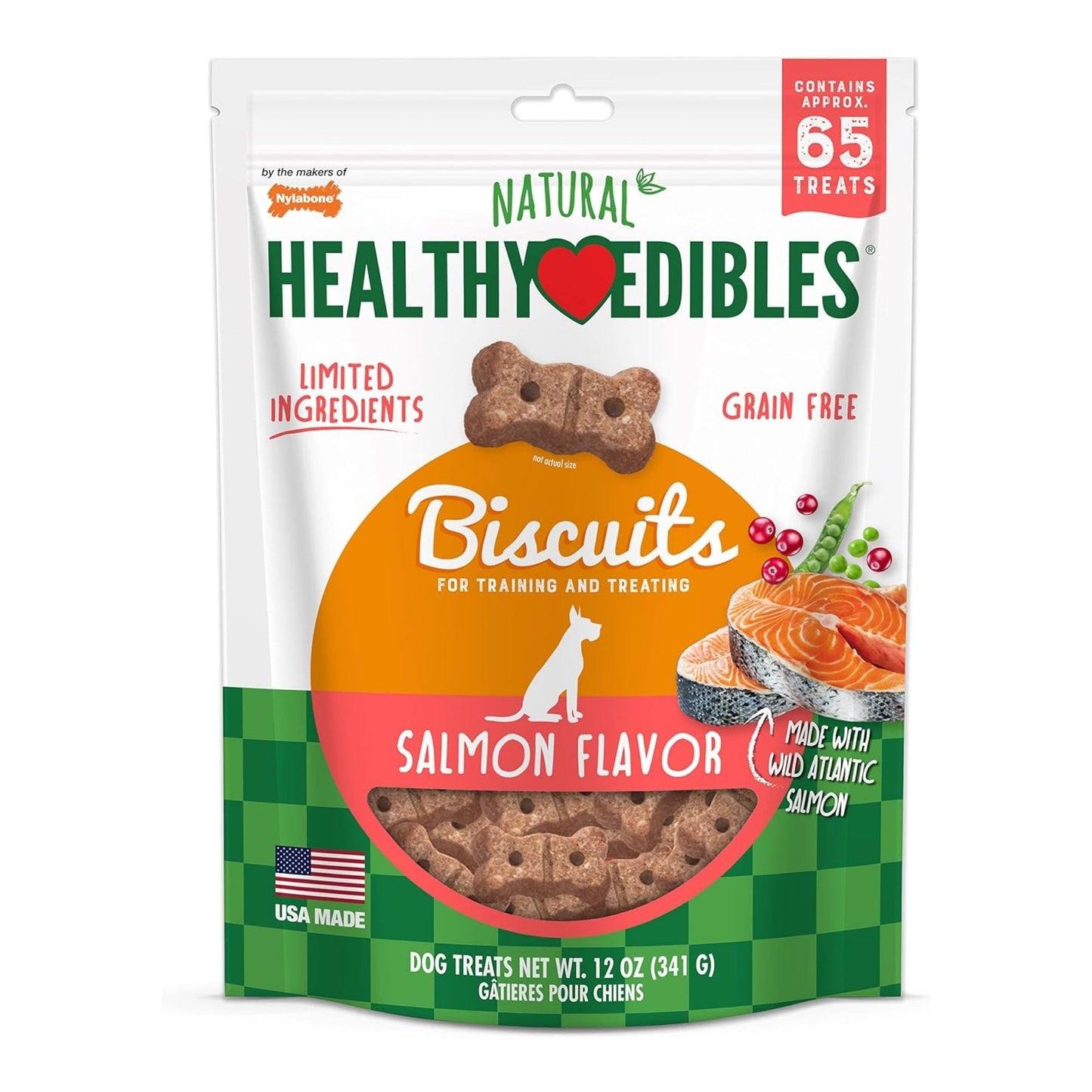 Nylabone Healthy Edibles Biscuits Grain Free Dog Treats Salmon 1ea/12 oz