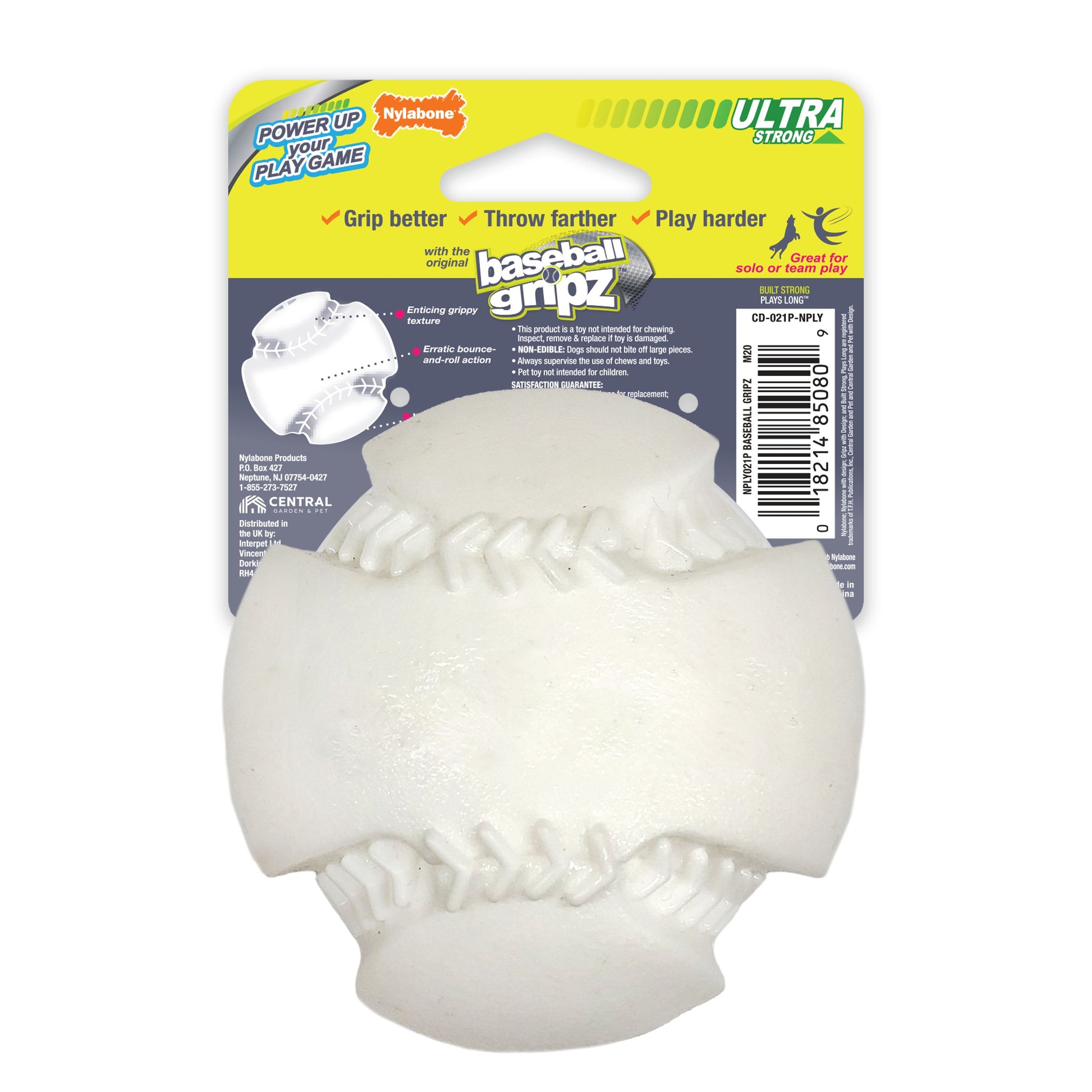 Nylabone Power Play Dog Baseball Gripz 1ea/Medium/Wolf - Up To 35 lb