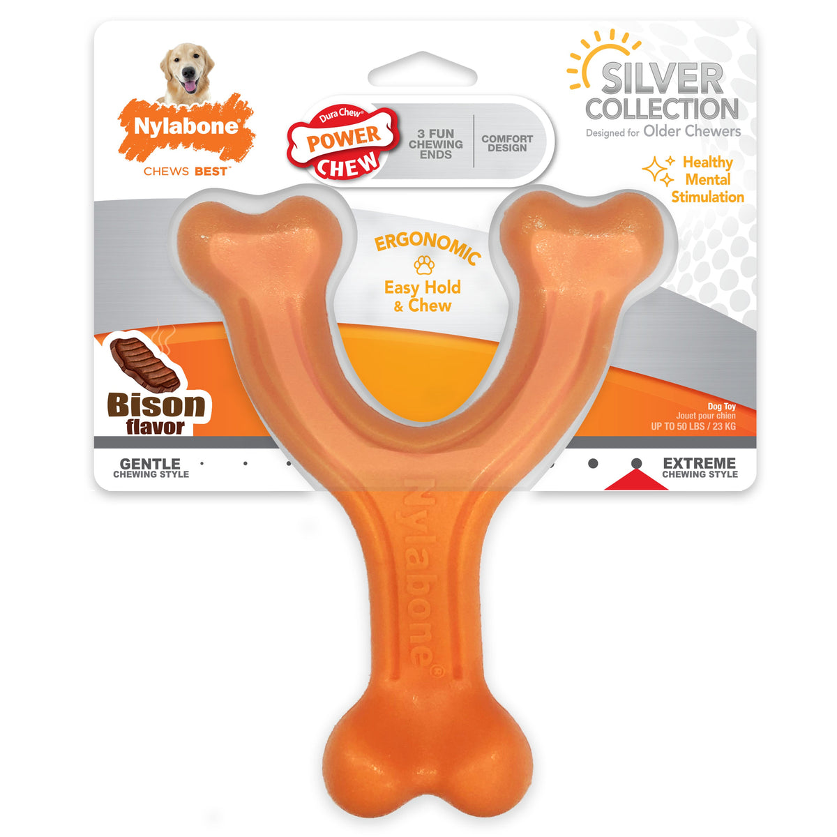 Nylabone Silver Collection Power Chew Wishbone Chew Toy for Senior Dogs Bison Flavor 1ea/Large/Giant - Up To 50 lb