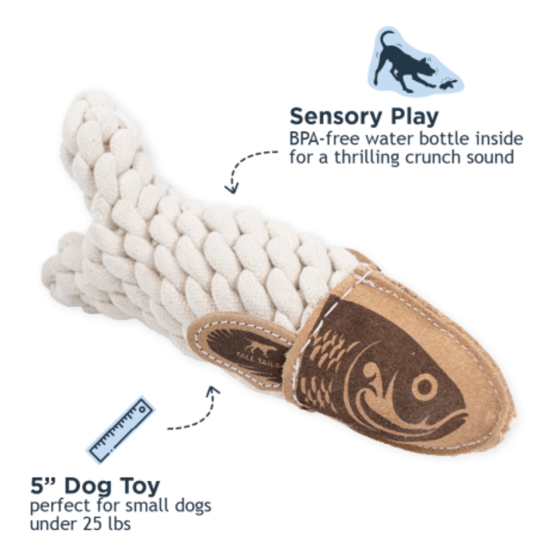 Tall Tails Dog Natural Leather & Rope Crunch Fish, 5in.
