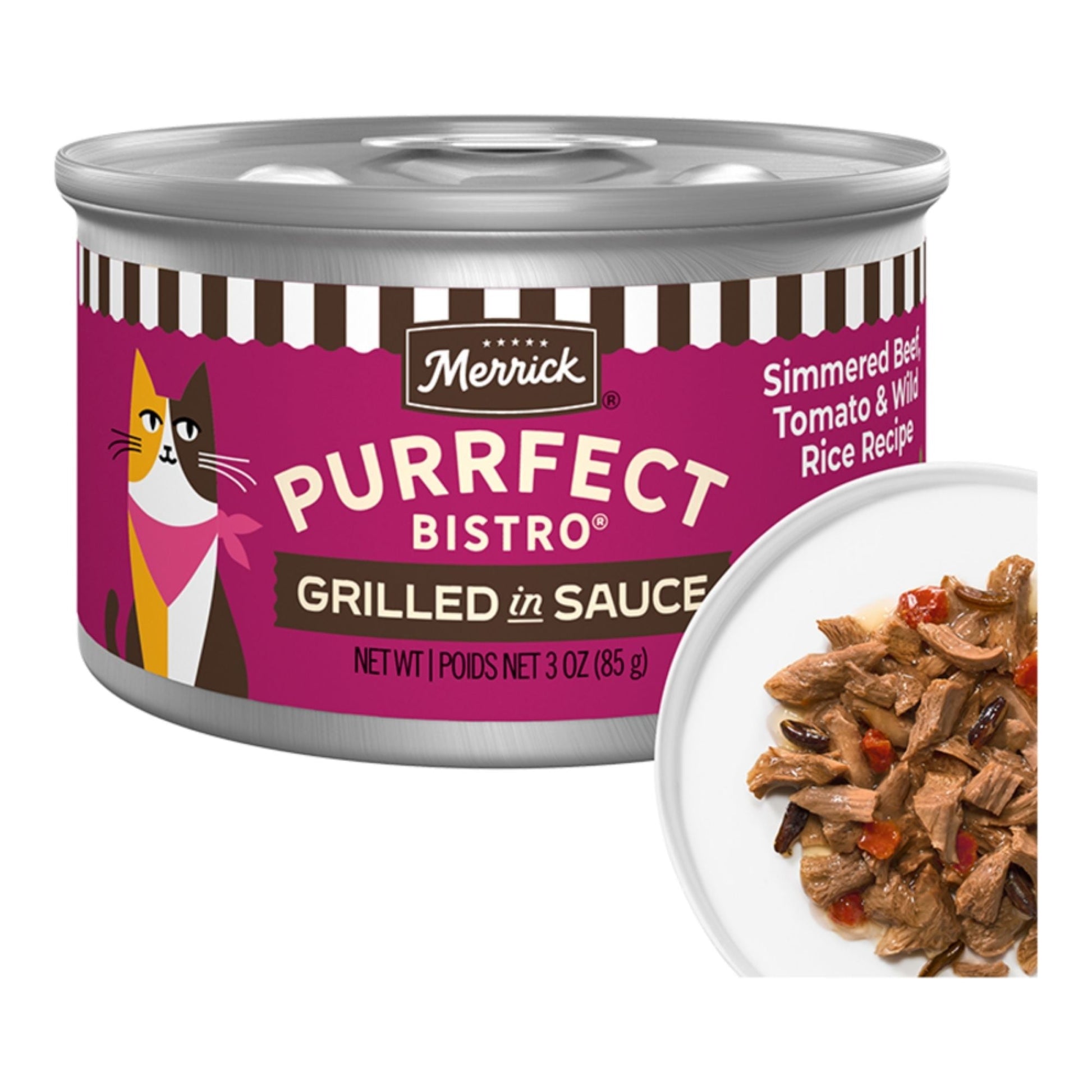 Merrick Cat Purrfect Bistro Delicious Premium High Protein Simmered Beef Tomato And Wild Rice Recipe Grilled In Gravy 3oz. (Case of 24)