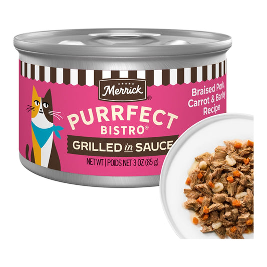 Merrick Cat Purrfect Bistro Delicious Premium High Protein Braised Pork Carrot and Barley Recipe Grilled In Gravy 3oz. (Case of 24)