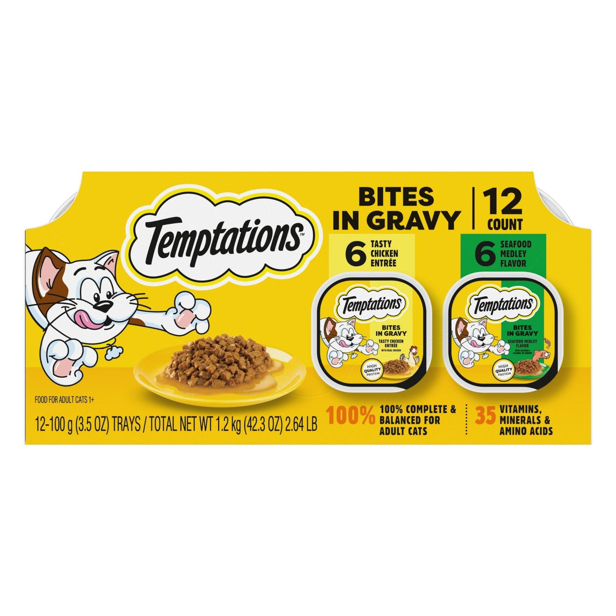 Temptations Bitesin. Gravy Wet Cat Food Variety (Chicken & Seafood) 2ea/3.5oz.