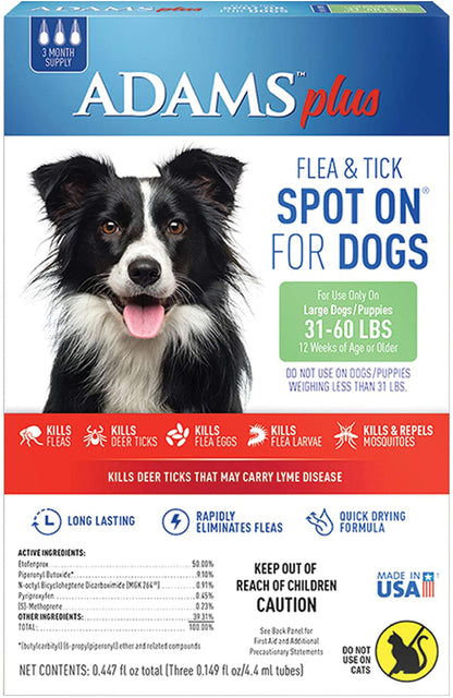 Adams Plus Flea  Tick Prevention Spot On for Dogs 3 Month Supply, Clear, 1ea/Large Dogs 31 To 60 lb