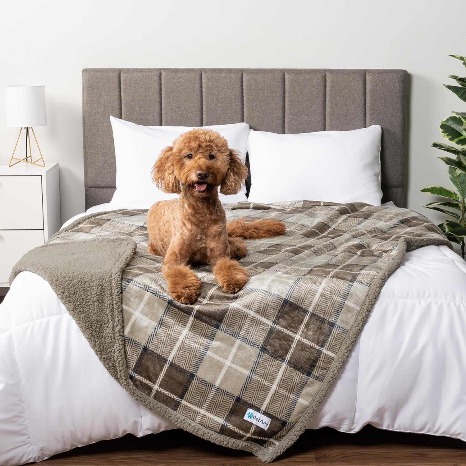 Waterproof Dog Blanket for Queen Bed Large XL Dog Throw for Couch Cover Leakproof Furniture Protection, Sherpa Fleece, Reversible Soft Washable 90X90 Light Gray