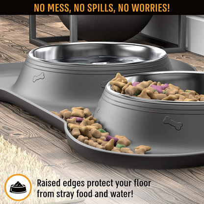 Dog Bowl Set, Stainless Steel No Spill Mess-Proof Food & Water Food Bowls with Skid Resistant Silicone Mat, Dog Bowls Small Size Dog, Medium, & Large, Pet Puppy Bowls & Dishes