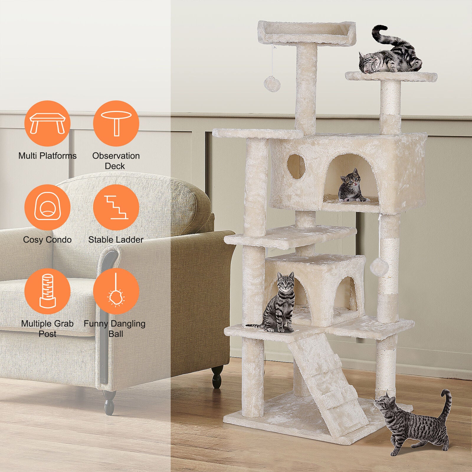55 Inch Beige Cat Tree Tower Condo Scrathcher Post Activity Center Playing House