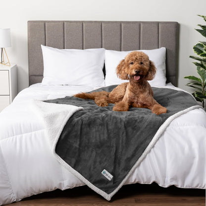 Waterproof Dog Blanket for Queen Bed Large XL Dog Throw for Couch Cover Leakproof Furniture Protection, Sherpa Fleece, Reversible Soft Washable 90X90 Light Gray