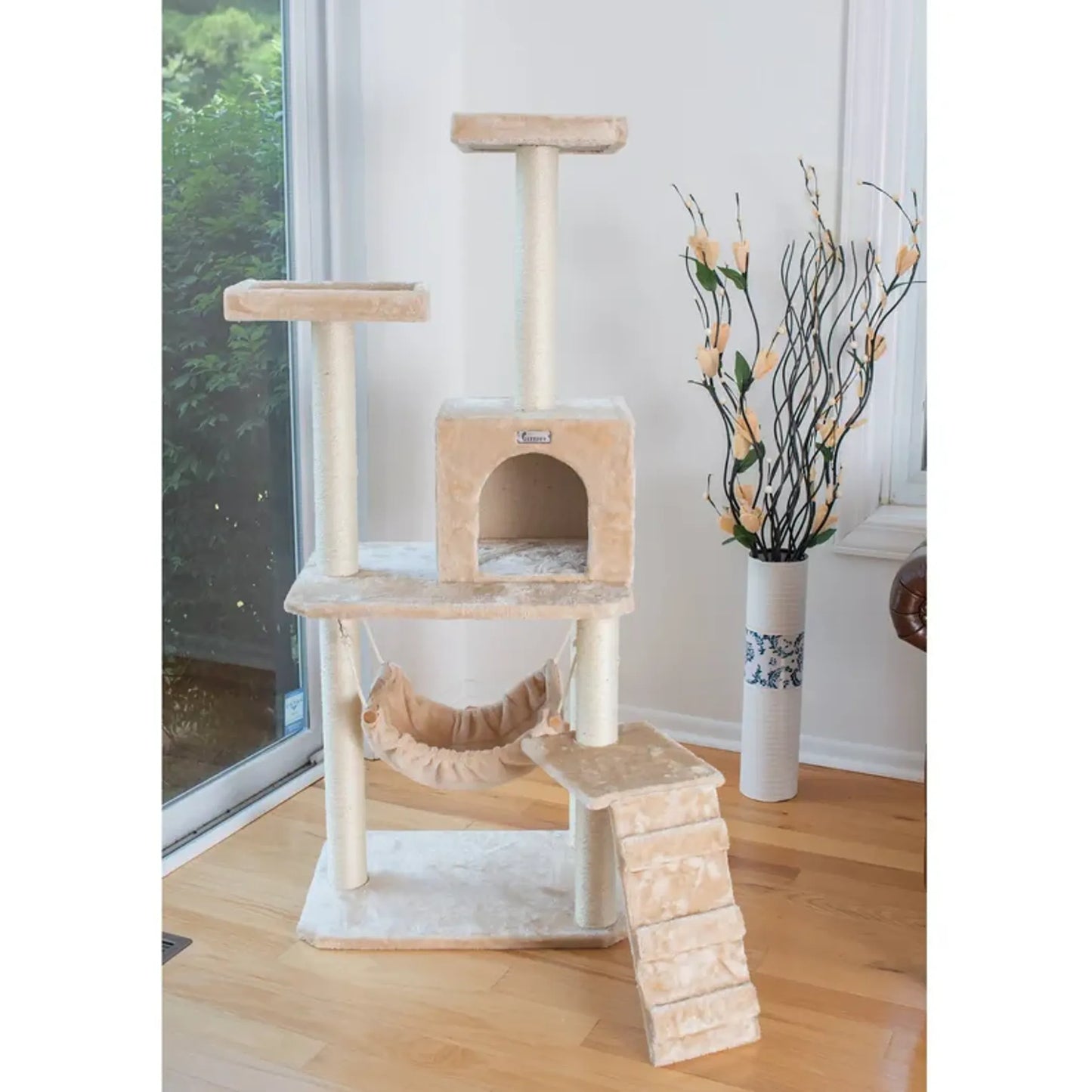 Cat Tree Beige Real Wood Cat Indoor House
