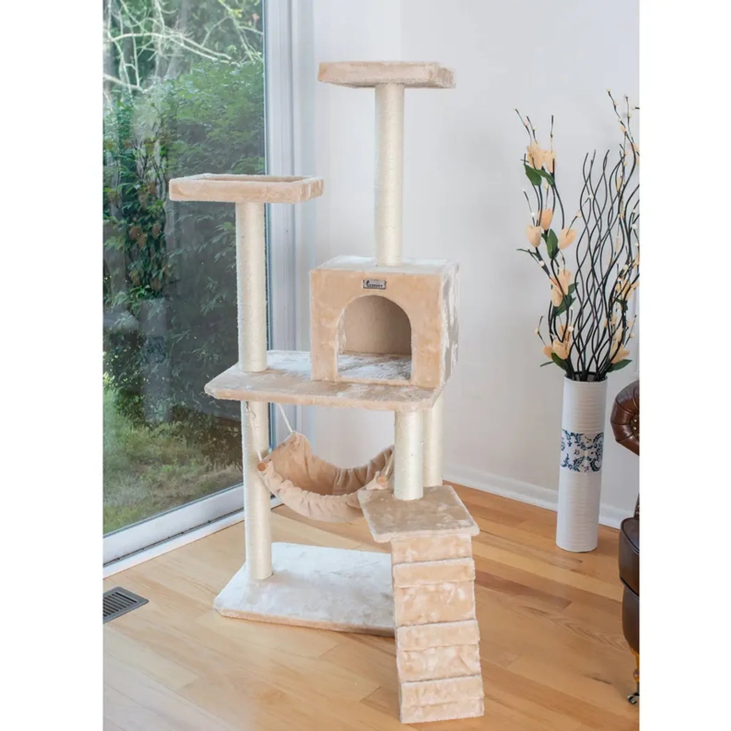 Cat Tree Beige Real Wood Cat Indoor House