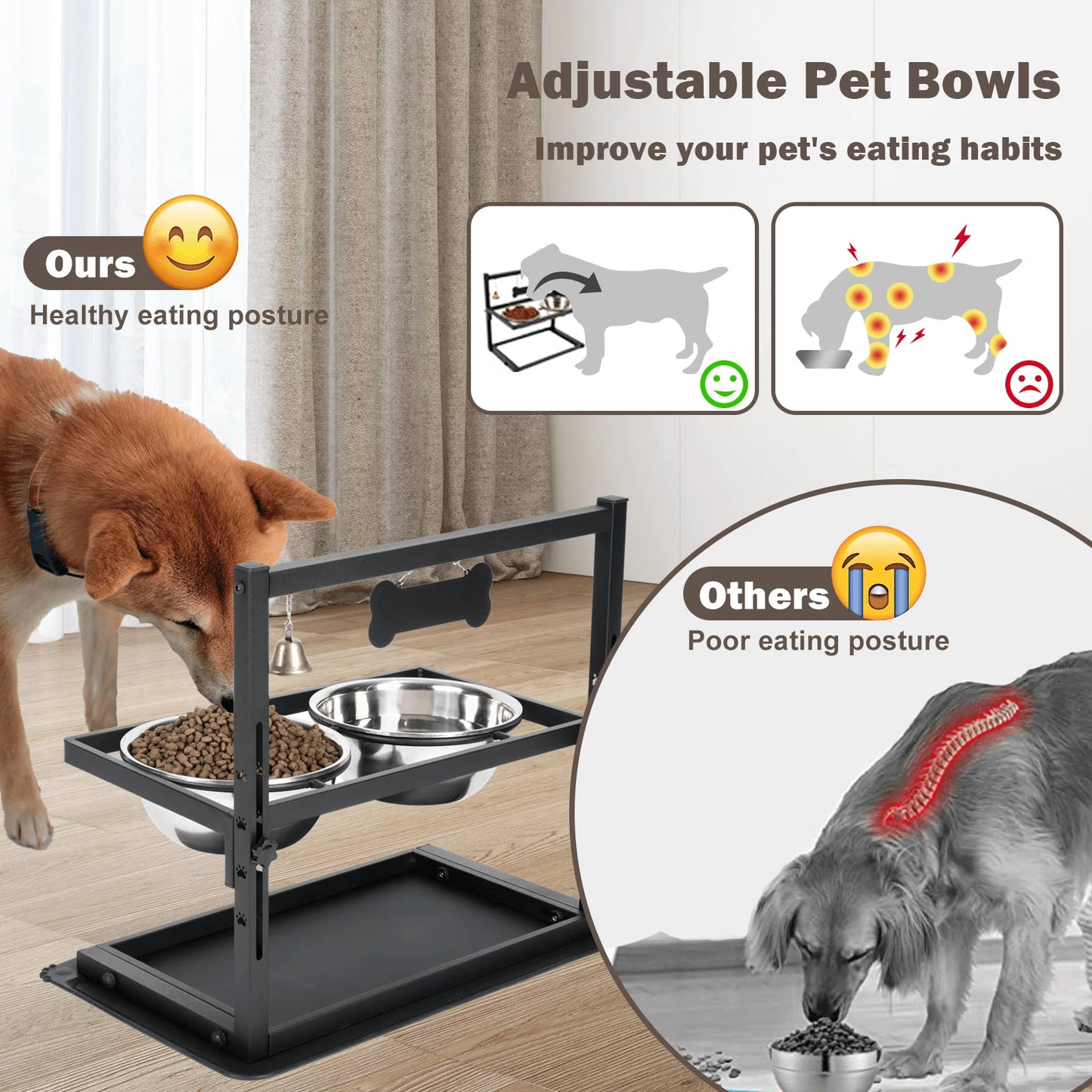 Elevated Slow Feeder Dog Bowls, Height Adjustable with 2 Stainless Steel 1.7L Dog Food Bowls for Small Medium Large Dogs