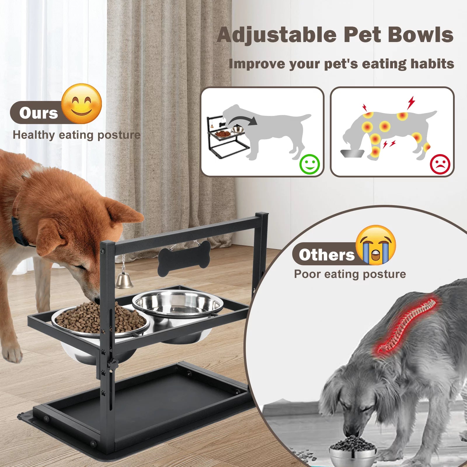 Elevated Slow Feeder Dog Bowls, Height Adjustable with 2 Stainless Steel 1.7L Dog Food Bowls for Small Medium Large Dogs