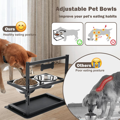 Elevated Slow Feeder Dog Bowls, Height Adjustable with 2 Stainless Steel 1.7L Dog Food Bowls for Small Medium Large Dogs