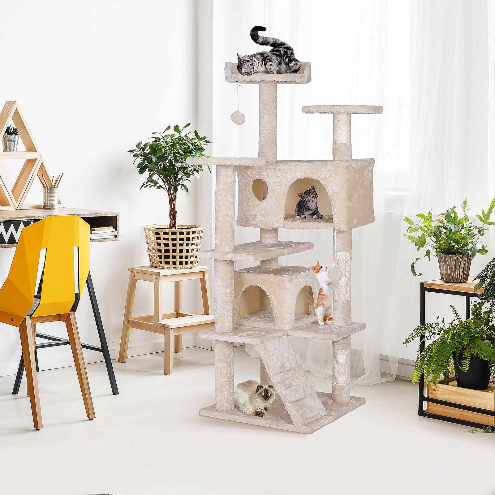 55 Inch Beige Cat Tree Tower Condo Scrathcher Post Activity Center Playing House