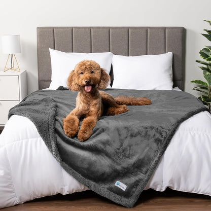 Waterproof Dog Blanket for Queen Bed Large XL Dog Throw for Couch Cover Leakproof Furniture Protection, Sherpa Fleece, Reversible Soft Washable 90X90 Light Gray