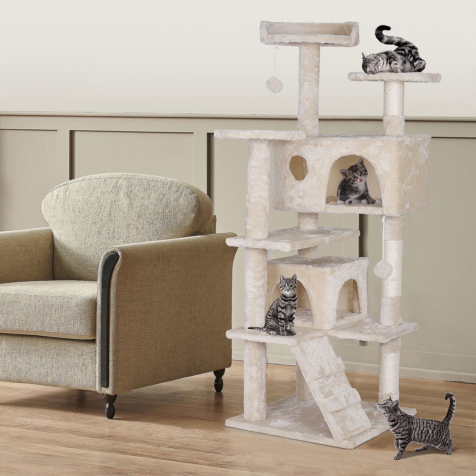 55 Inch Beige Cat Tree Tower Condo Scrathcher Post Activity Center Playing House