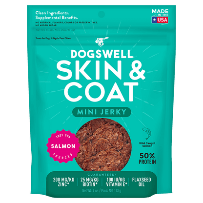 Dogswell Jerky Skin and Coat Mini Grain-Free Salmon 4oz.