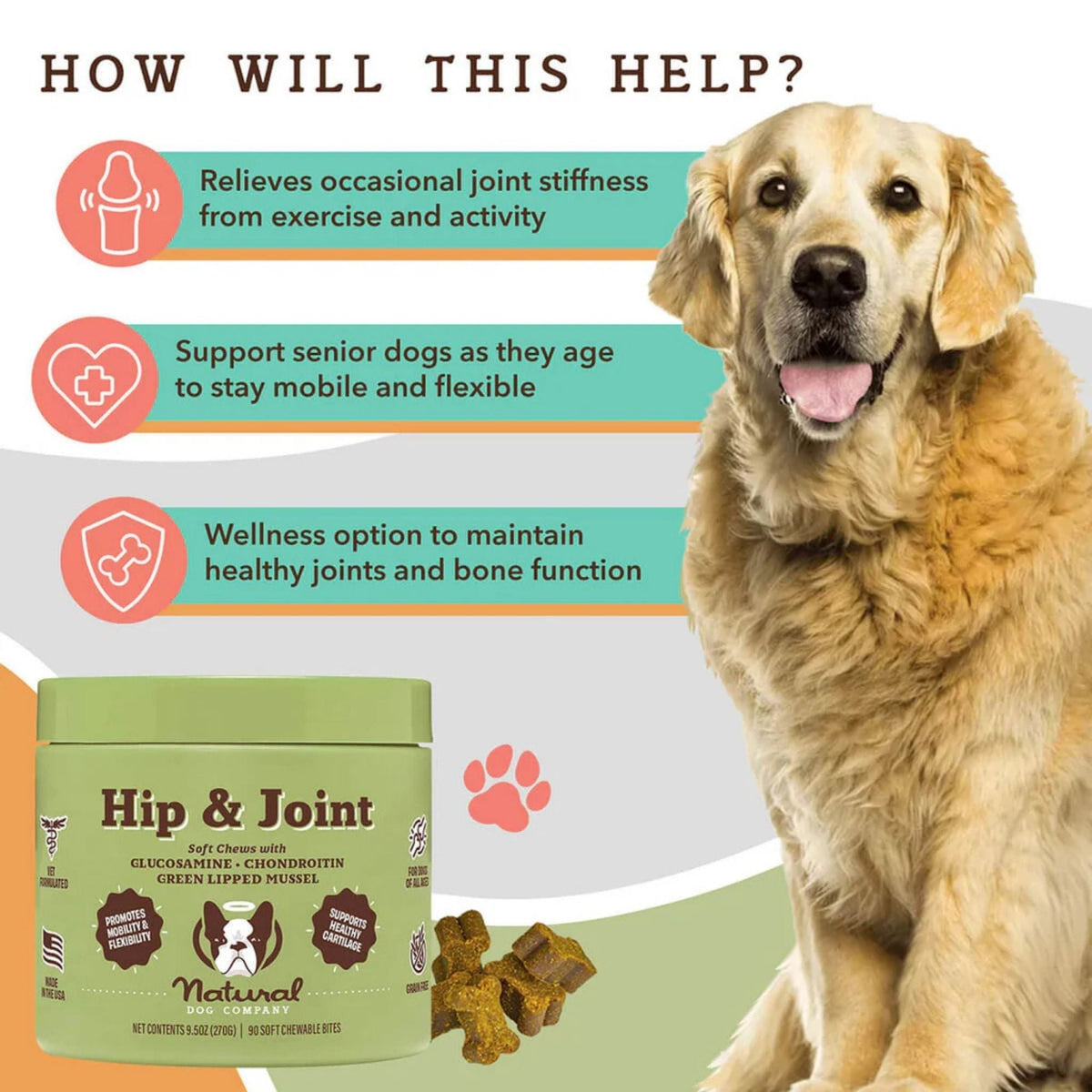 Natural Dog Company Dog Hip & Joint Supplement Chews - 90 Count