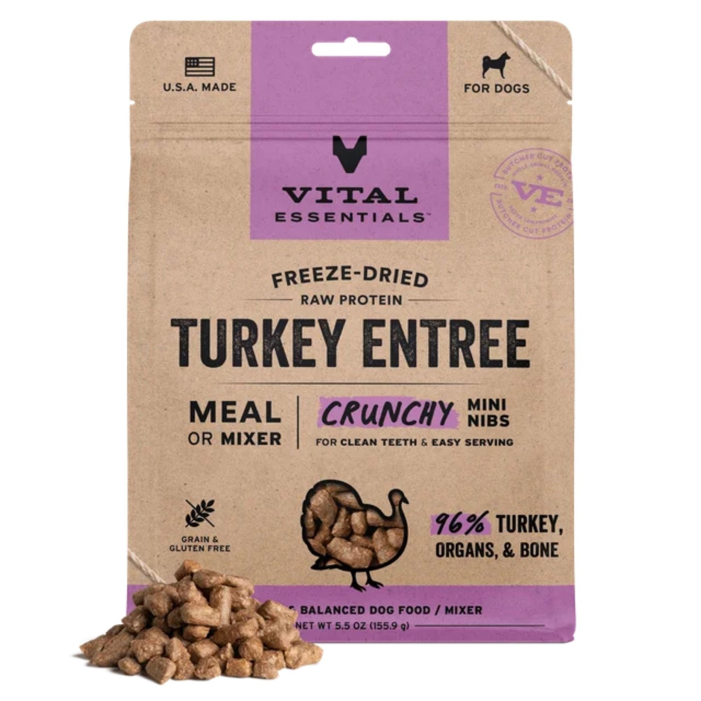 Vital Essentials Dog Freeze-Dried Raw Grain Free Turkey Entree Mini Nibs 5.5oz.