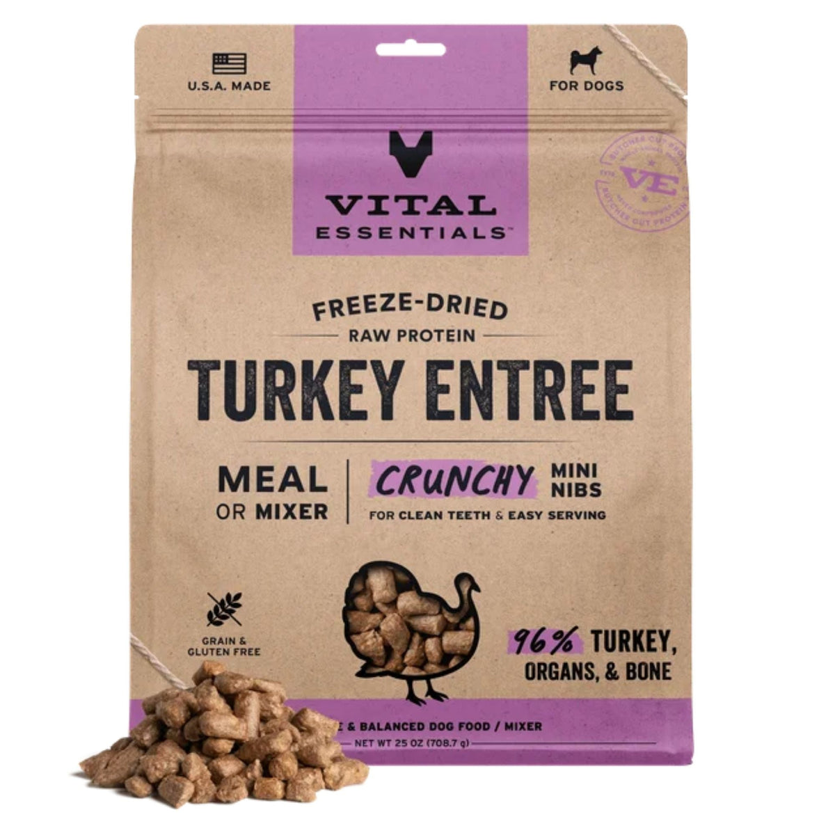 Vital Essentials Dog Freeze-Dried Raw Grain Free Turkey Entree Mini Nibs 25oz.