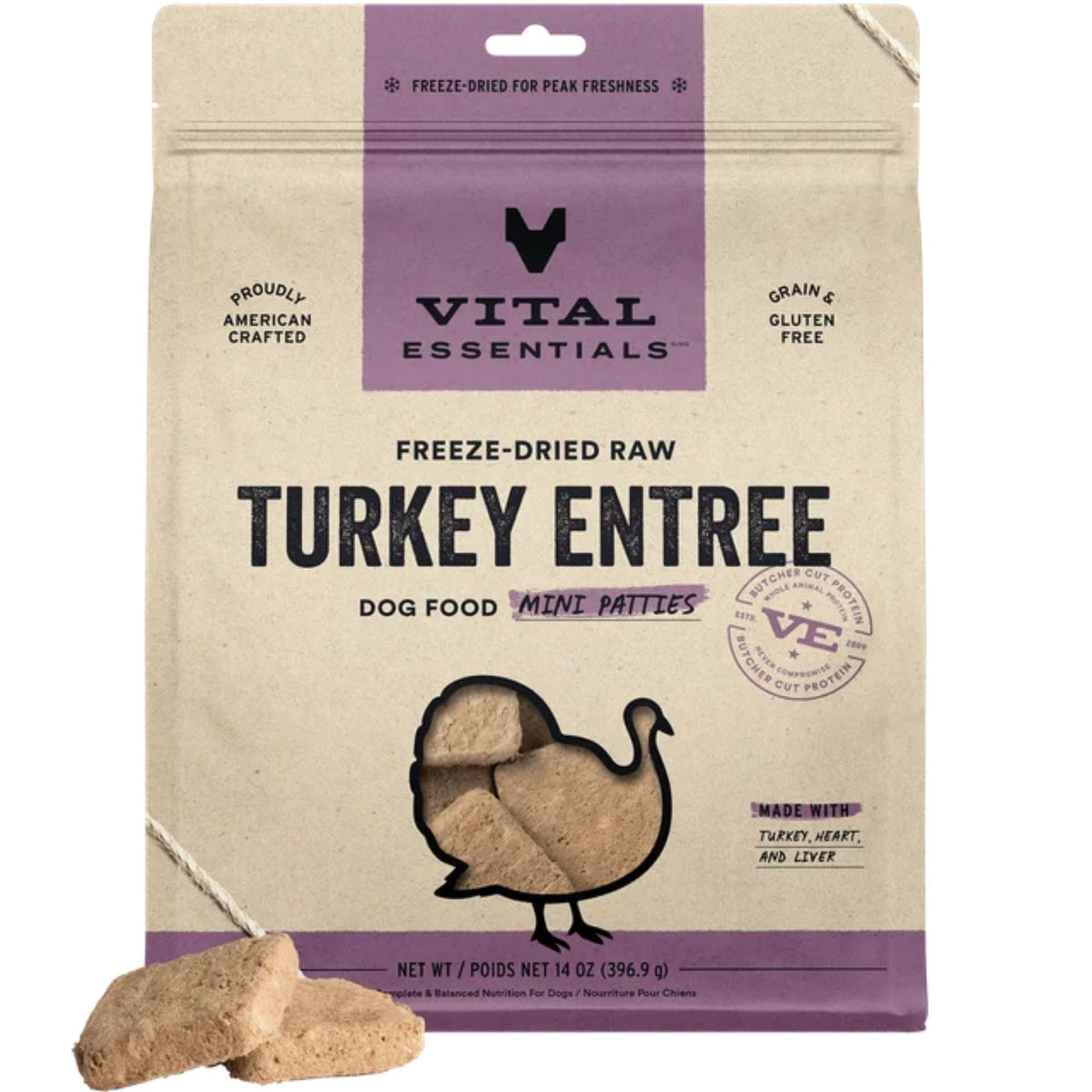 Vital Essentials Dog Freeze-Dried Raw Grain Free Turkey Entree Mini Patties 14oz.