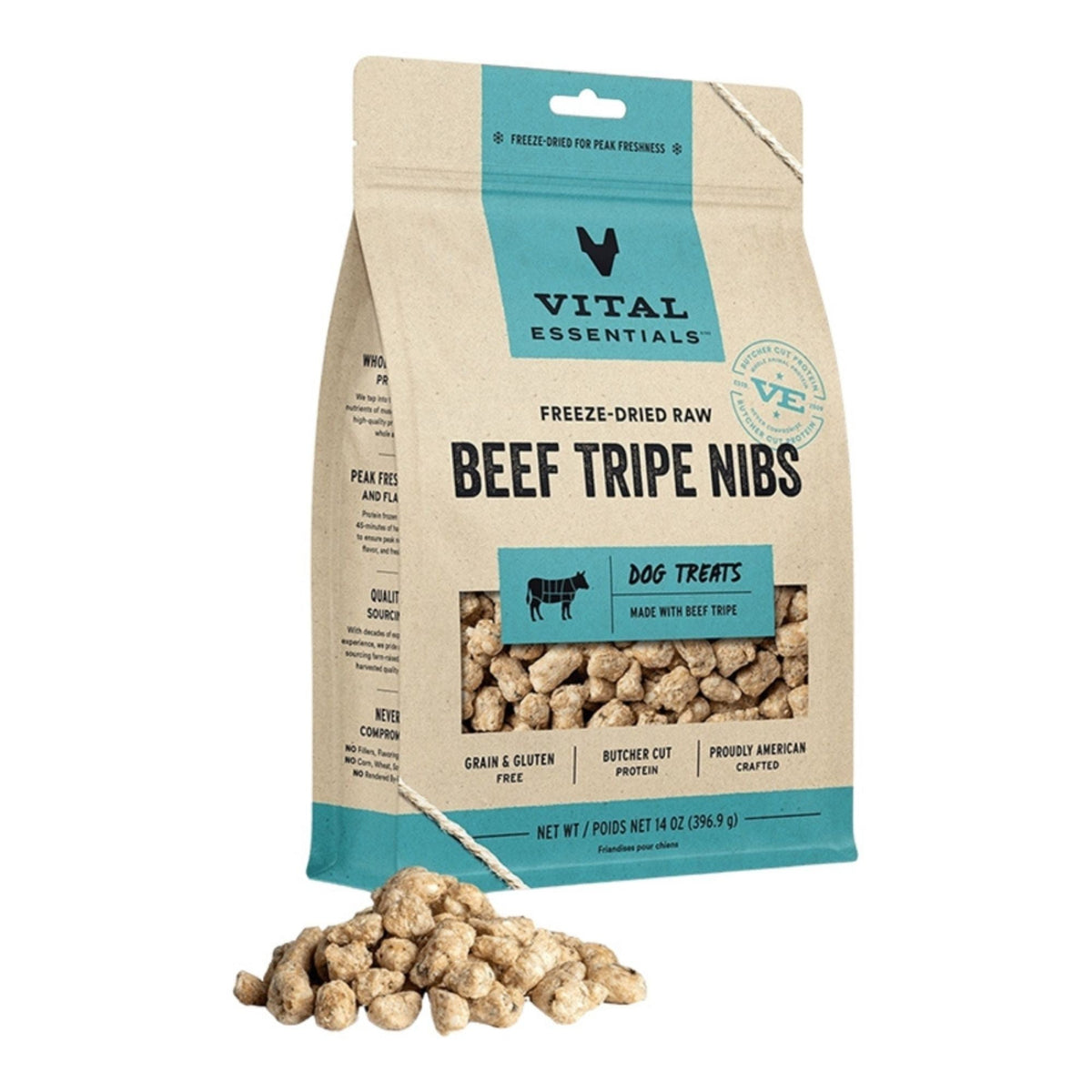 Vital Essentials Dog Freeze-Dried Grain Free Beef Tripe Nibs Treats 14oz.