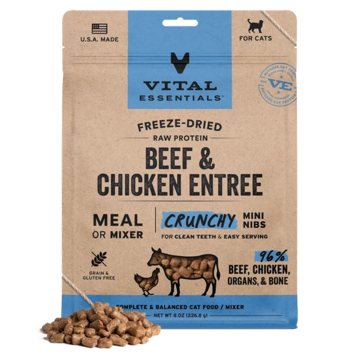 Vital Essentials Cat Freeze-Dried Raw Grain Free Beef & Chicken Entree Mini Nibs 8oz.