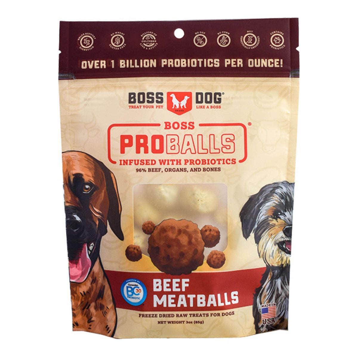Boss Dog Treat Freeze-dried Raw Meatball Pouch Beef 3oz. (Pack of 3)