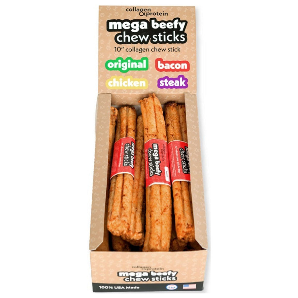 Frankly Dog 10" Collagen Bacon Mega Beefy Chew Sticks 12Ct Display Box