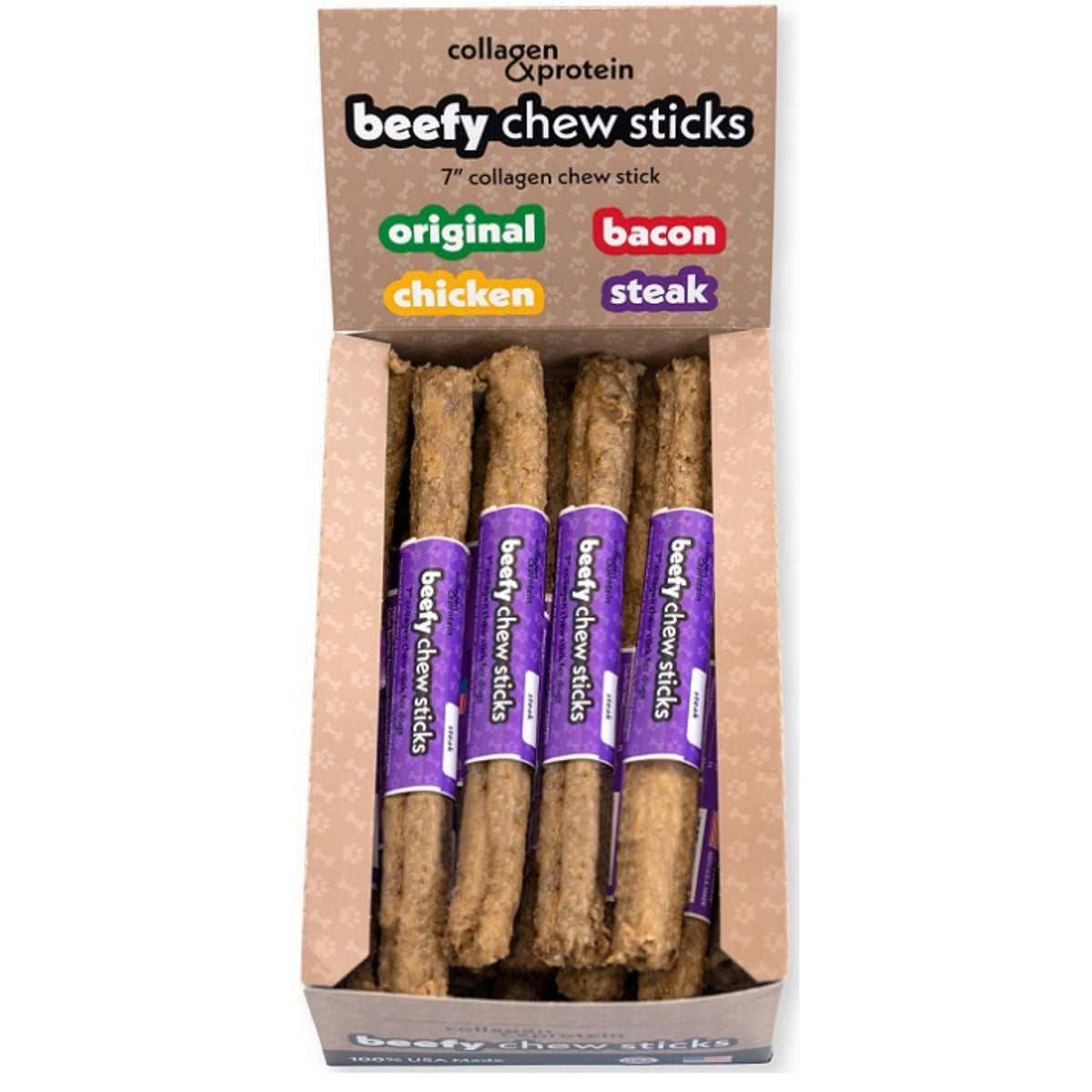 Frankly Dog 7" Collagen Steak Beefy Chew Sticks 24Ct Display Box