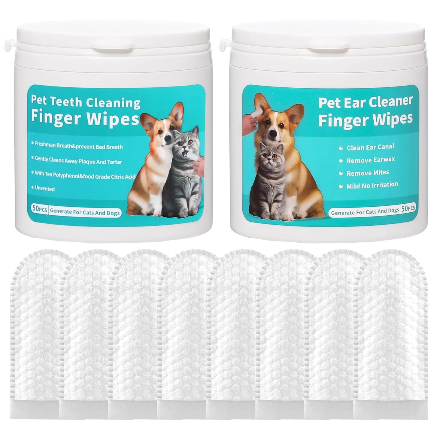 2-Pack Teeth and Ear Cleaner Finger Wipes,Dog and Cat Grooming Kit,Soothing Odor Control,Reduces Dirt and Wax Buildup,Cleans Teeth and Reduces Tartar and Odor,100 Tablets