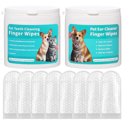 2-Pack Teeth and Ear Cleaner Finger Wipes,Dog and Cat Grooming Kit,Soothing Odor Control,Reduces Dirt and Wax Buildup,Cleans Teeth and Reduces Tartar and Odor,100 Tablets