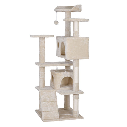 55 Inch Beige Cat Tree Tower Condo Scrathcher Post Activity Center Playing House