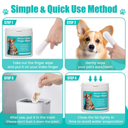 2-Pack Teeth and Ear Cleaner Finger Wipes,Dog and Cat Grooming Kit,Soothing Odor Control,Reduces Dirt and Wax Buildup,Cleans Teeth and Reduces Tartar and Odor,100 Tablets