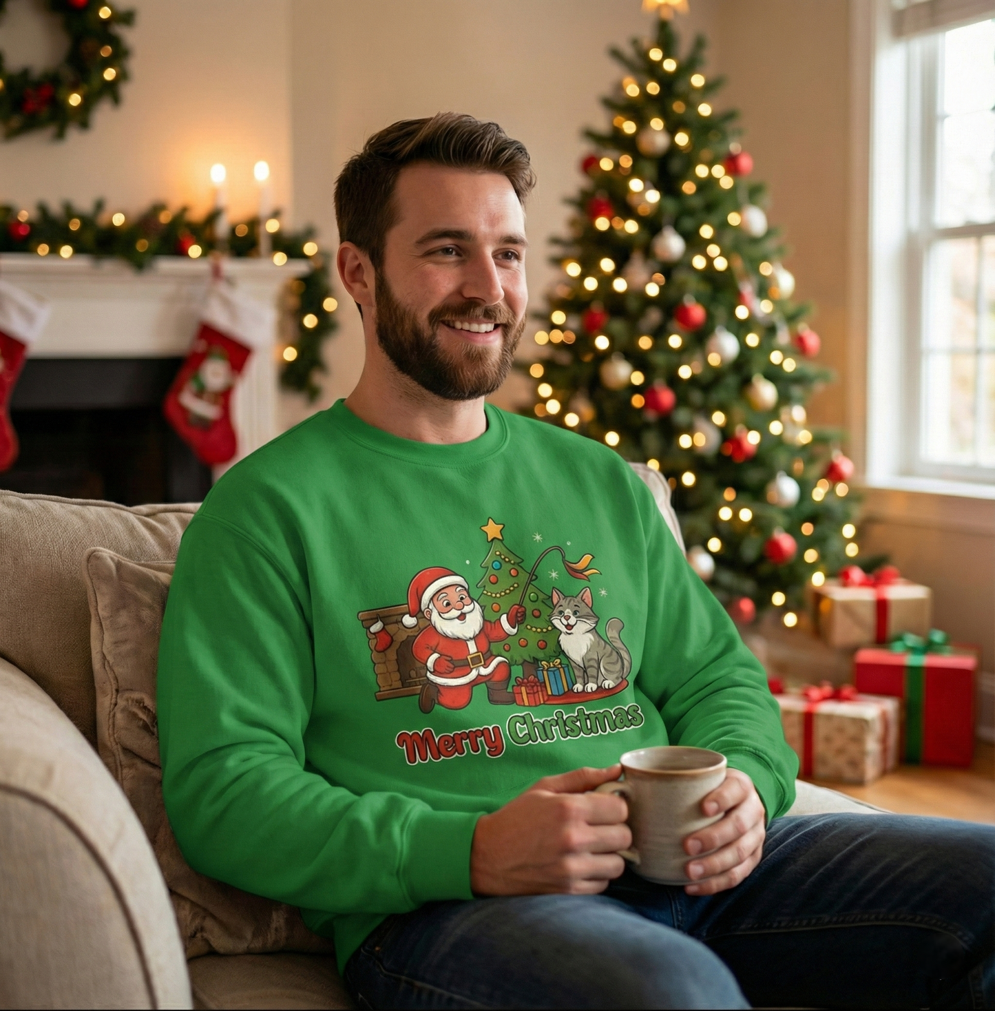 Merry Christmas Santa & Cat Holiday Crewneck