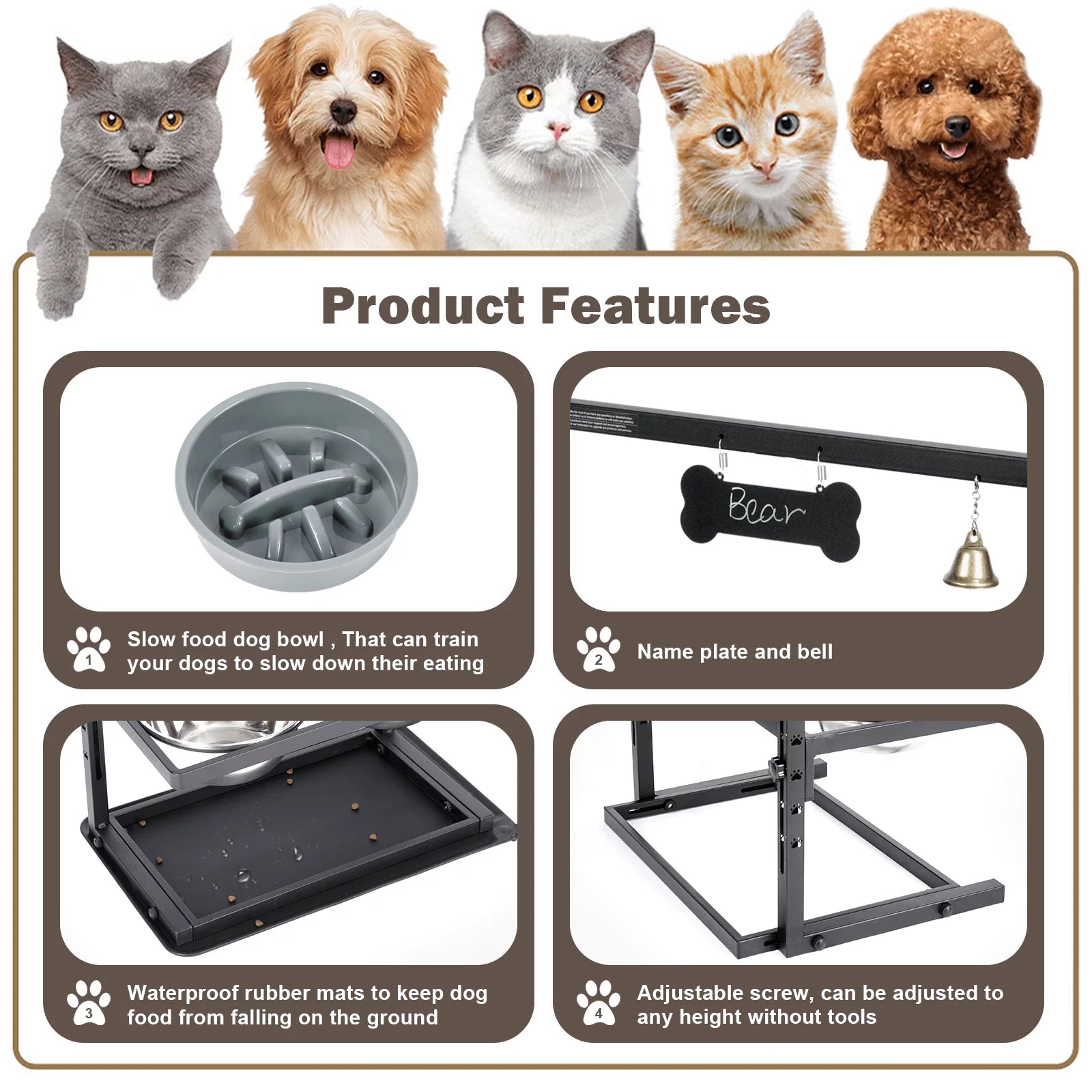 Elevated Slow Feeder Dog Bowls, Height Adjustable with 2 Stainless Steel 1.7L Dog Food Bowls for Small Medium Large Dogs