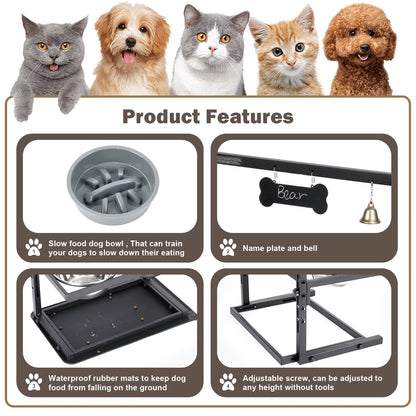Elevated Slow Feeder Dog Bowls, Height Adjustable with 2 Stainless Steel 1.7L Dog Food Bowls for Small Medium Large Dogs